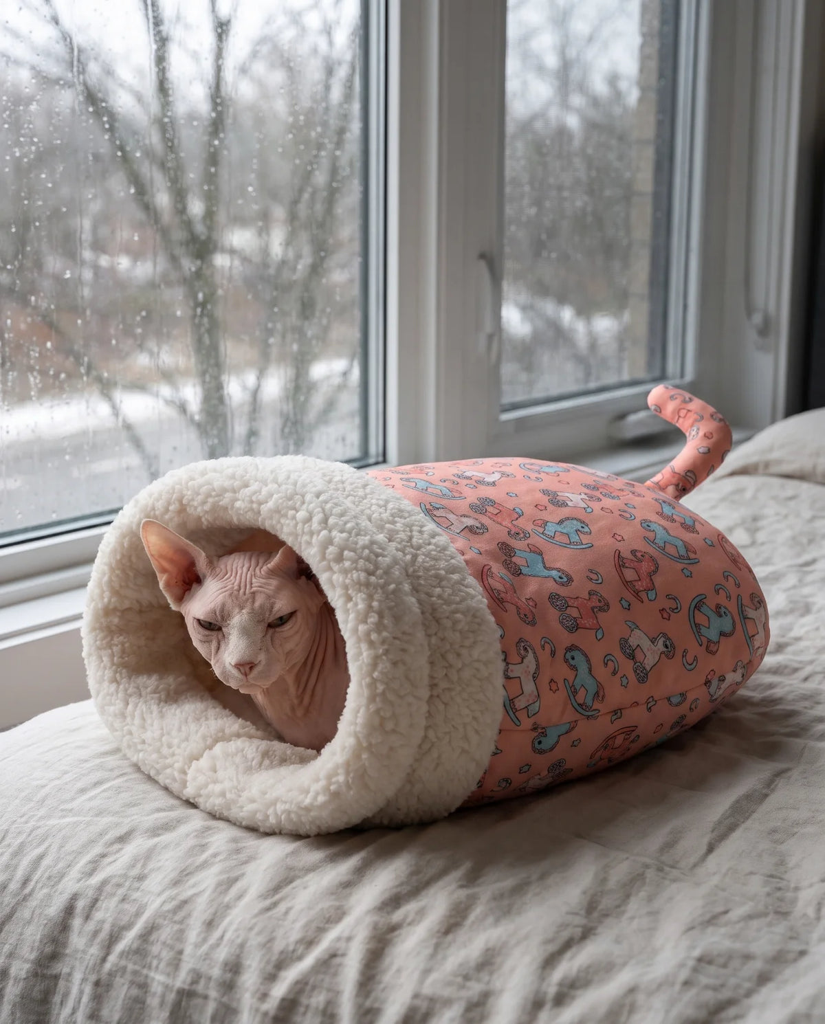 Gato esfinge calentito dentro del saco