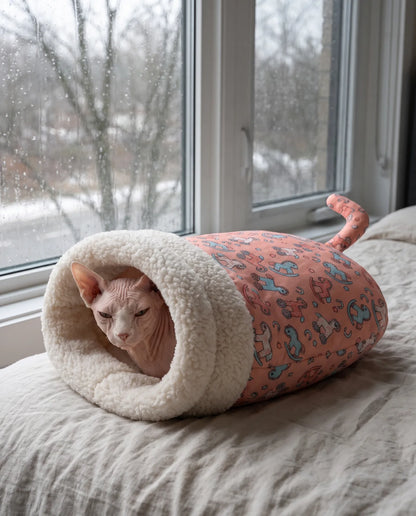 Gato esfinge calentito dentro del saco