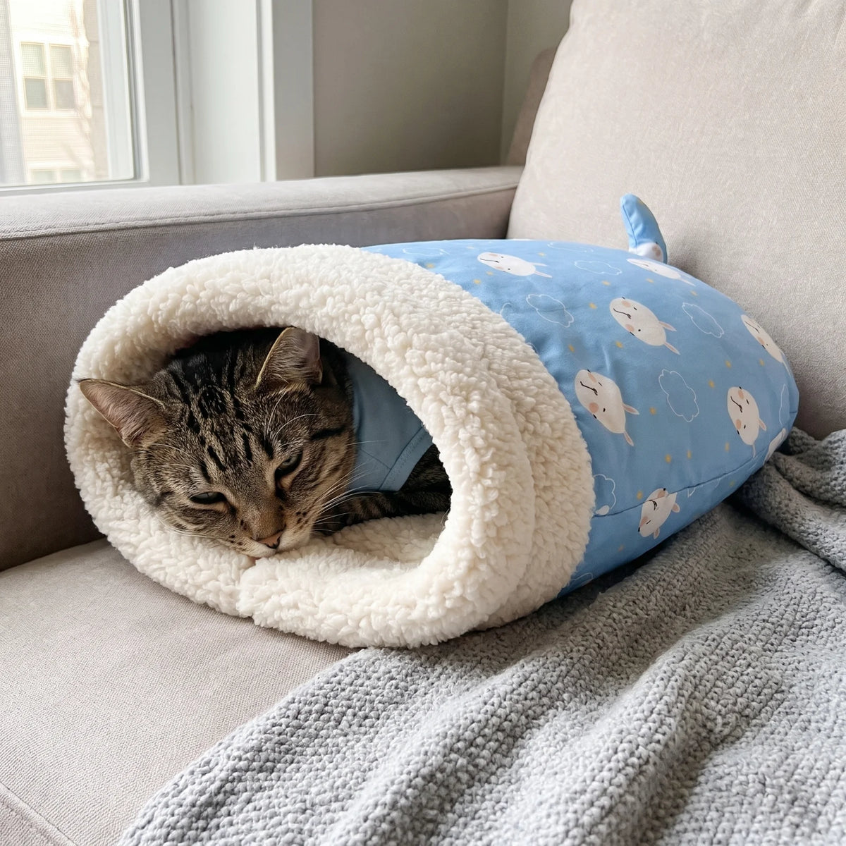 Gato recuperándose de una operación dentro del saco